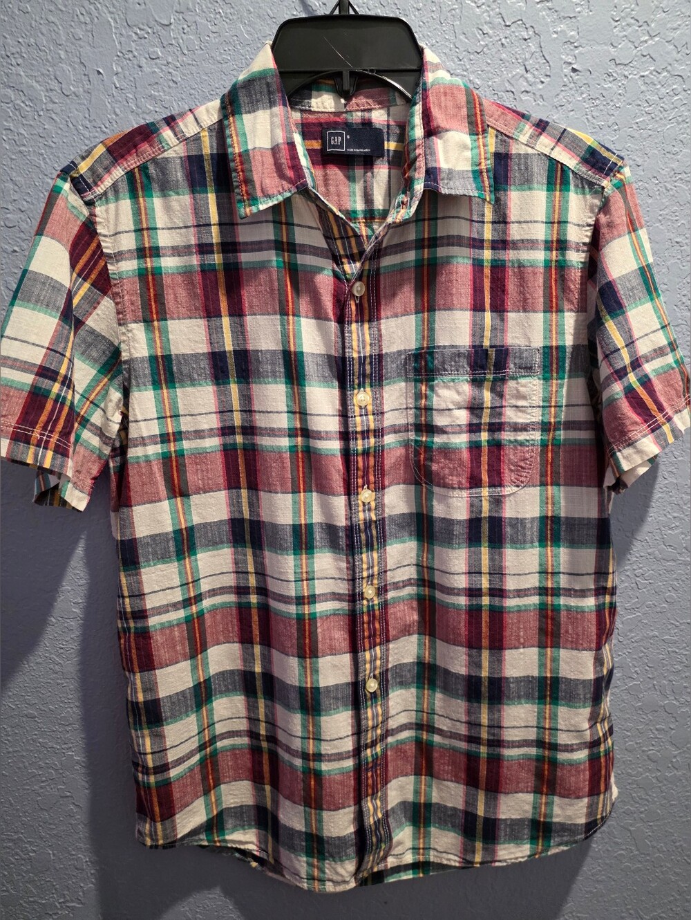 GAP Short-Sleeve Plaid Button-Down Shirt in Red, Green & Blue